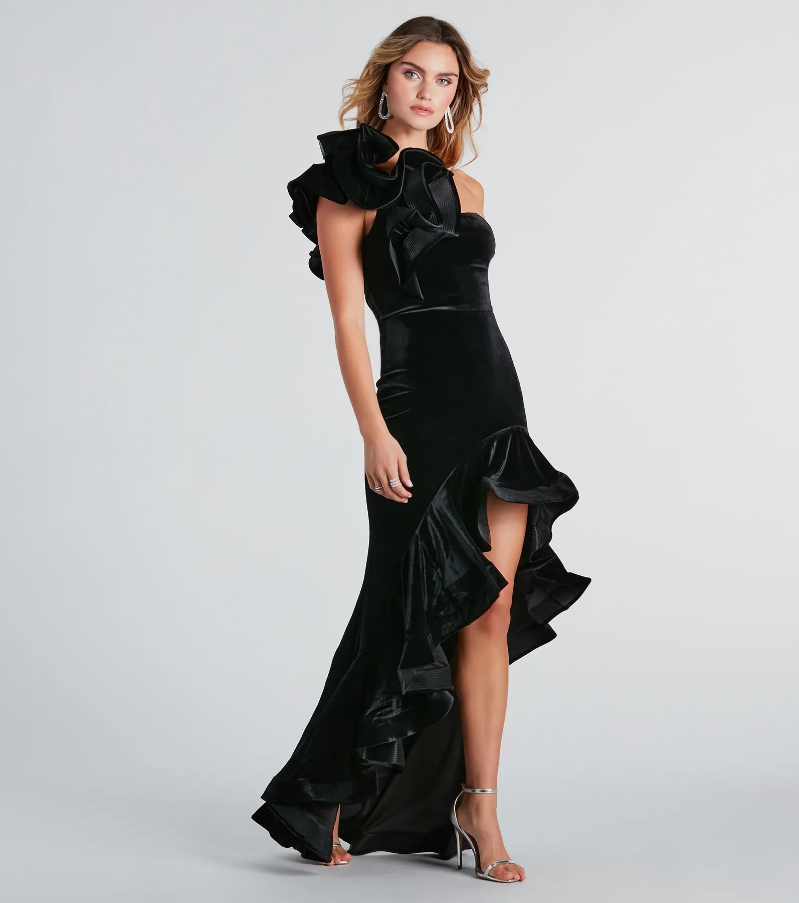 Vintage Dresses for Nostalgia -Beatrice Formal Velvet Ruffle High Low Dress