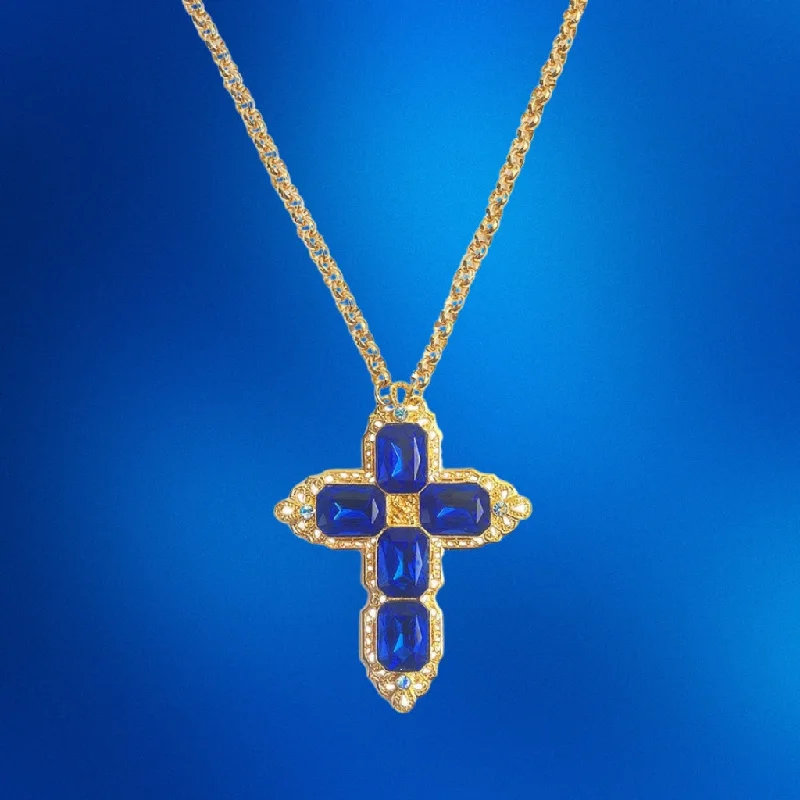 Best necklaces and pendants for weddings with matching designs for bride and groom-Blue Sapphire Cross on Chain