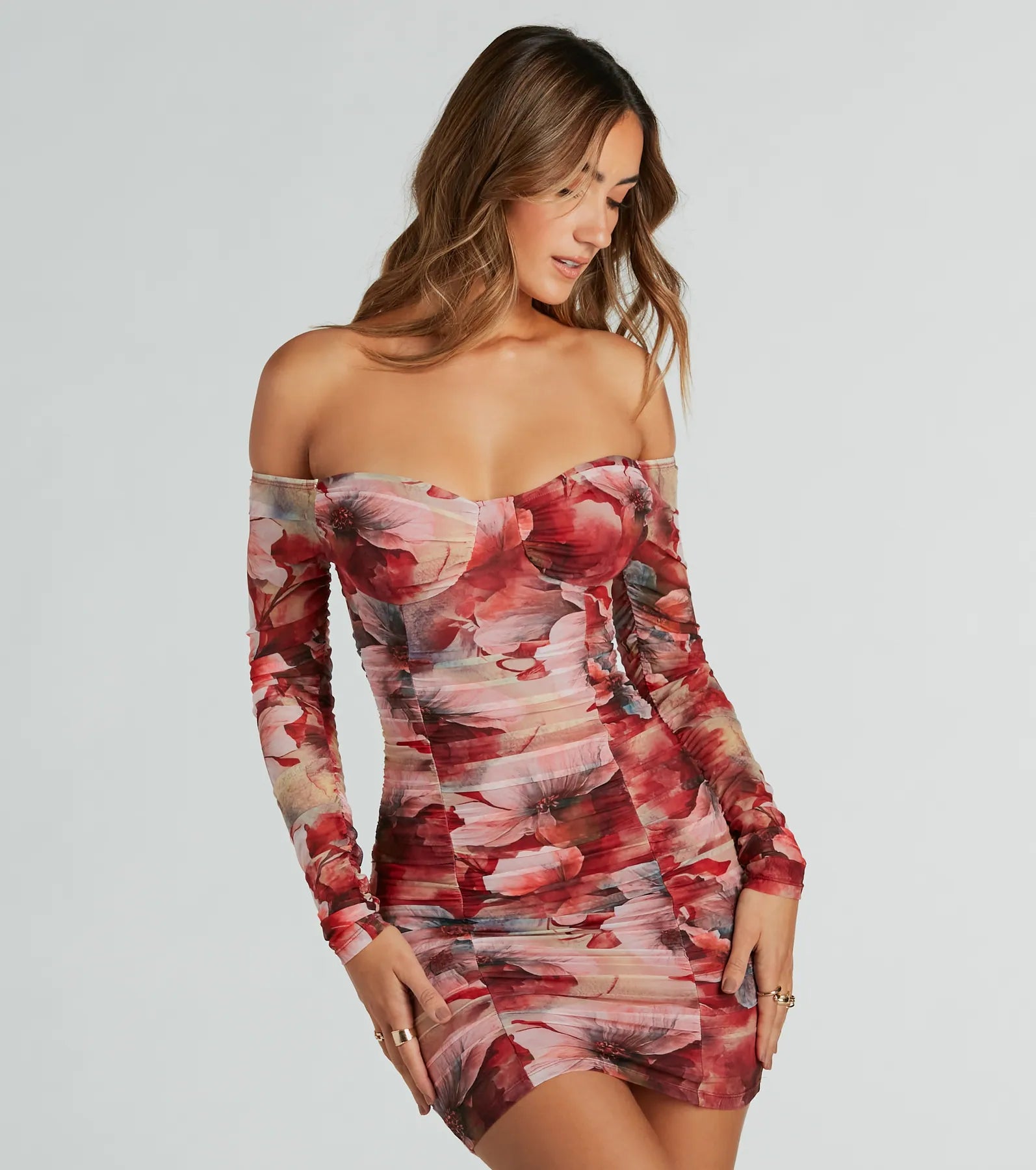 Retro Dresses for Throwback -Bold Bloom Off-The-Shoulder Floral Mesh Mini Dress