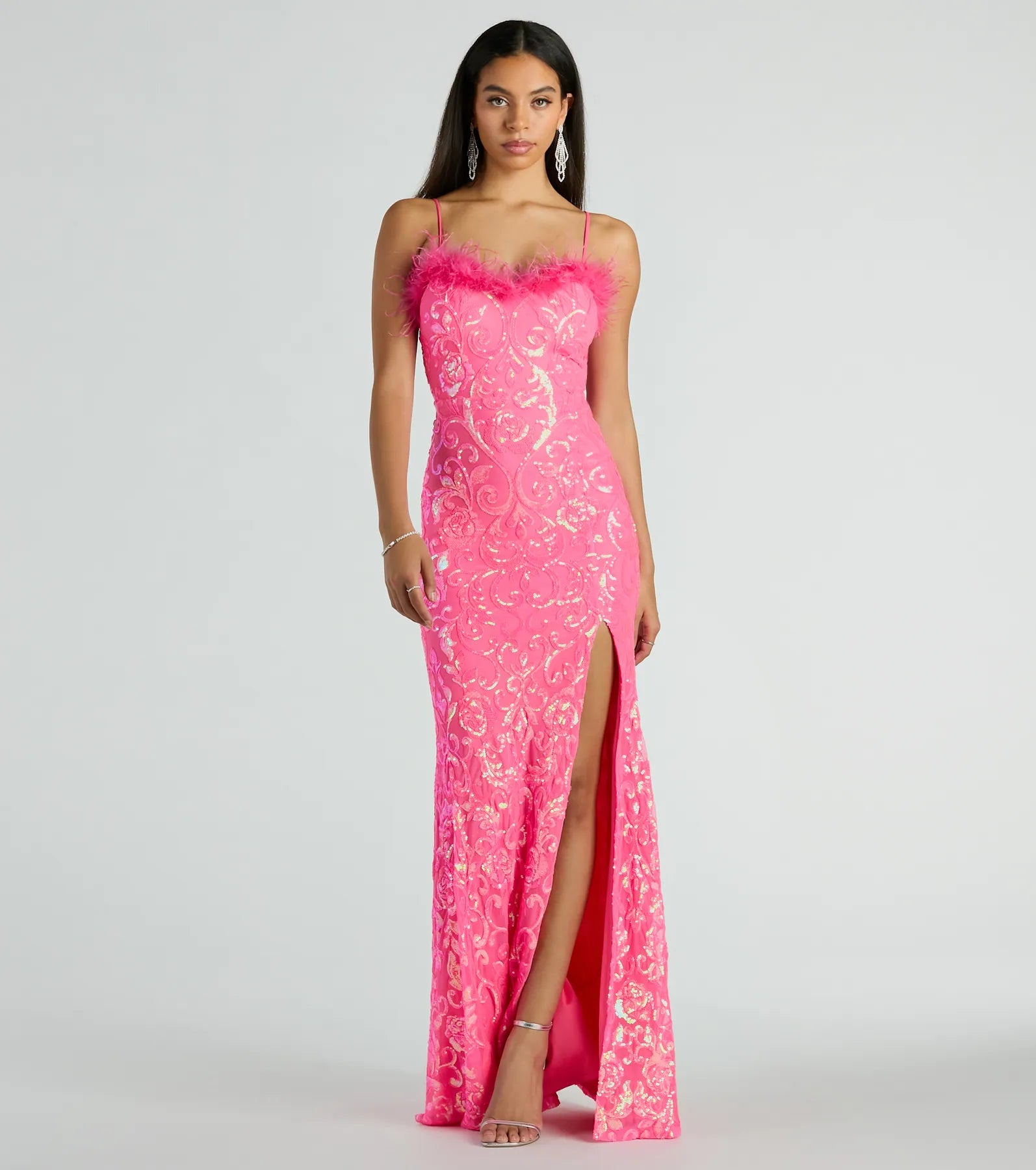 Evening Dresses for Formal Events -Cara Marabou Trim Mermaid Slit Sequin Formal Dress