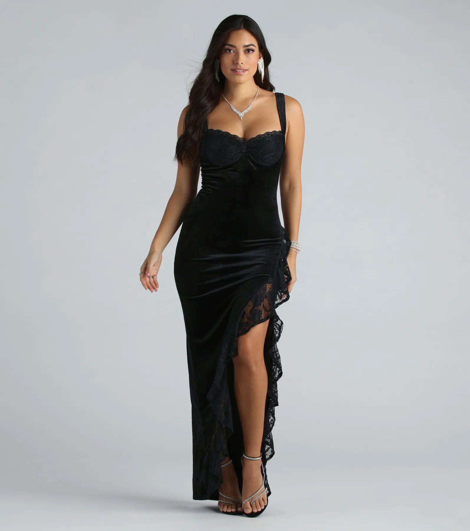 Ruffled Dresses for Girly -Cece Formal Velvet Lace Sweetheart Long Dress