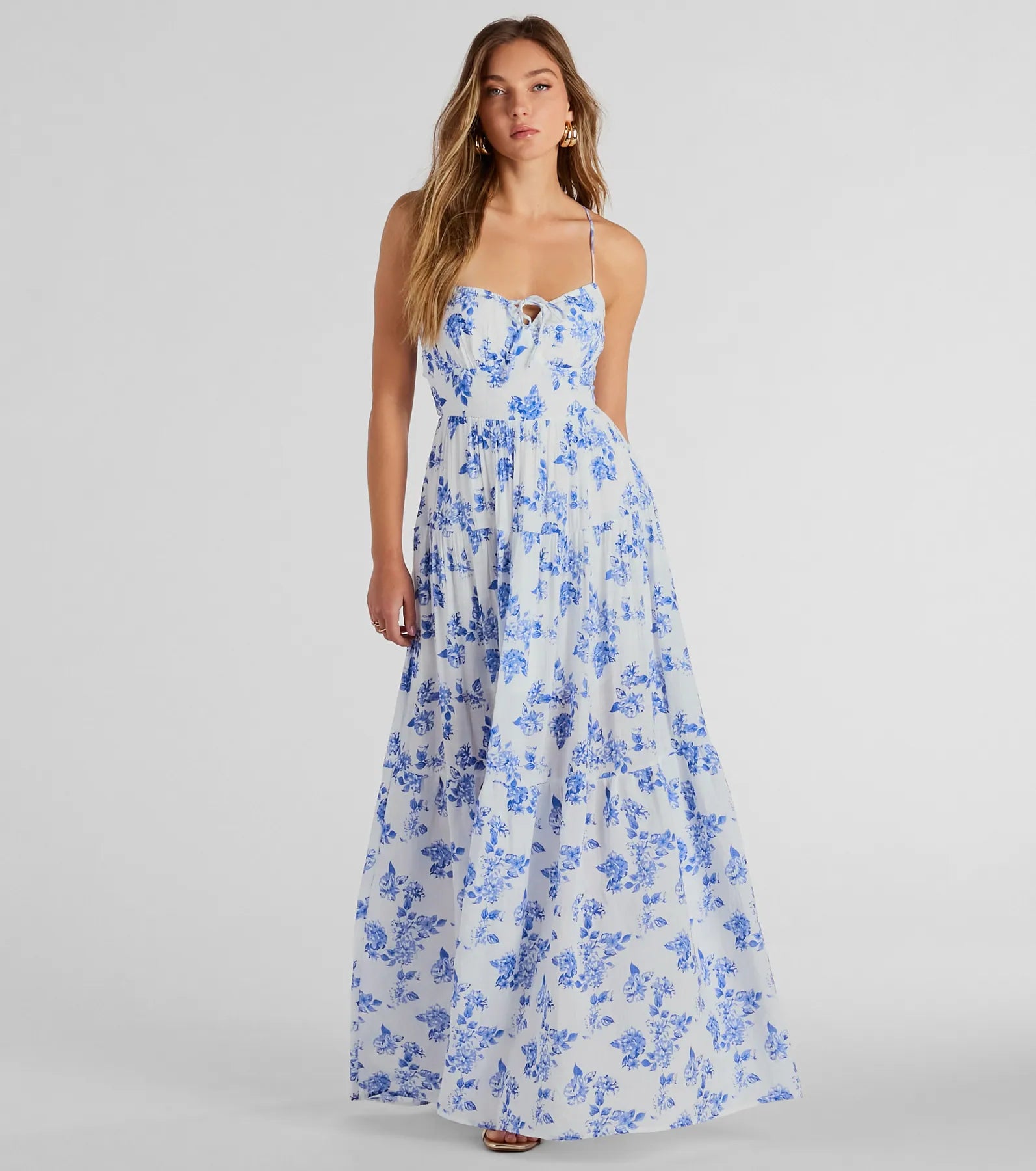 Buttoned Dresses for Stylish -Charming Vibe Tie-Back Flowy Floral Woven Maxi Dress