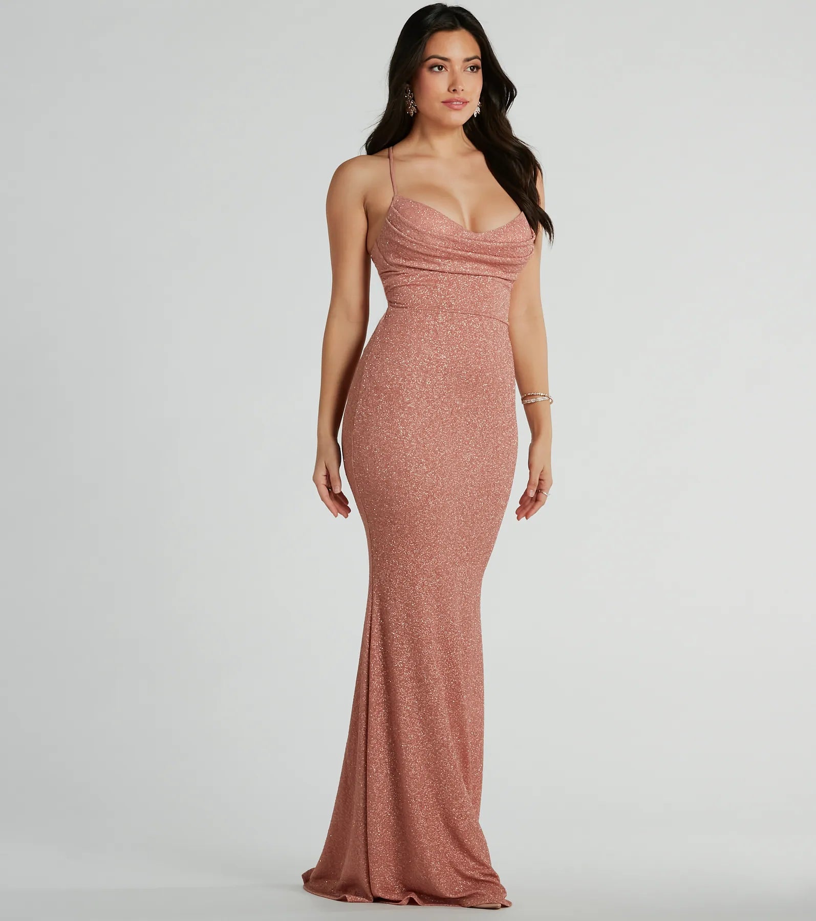 Graduation Dresses for Milestone -Chelsea Cowl Neck Lace-Up Mermaid Glitter Dress