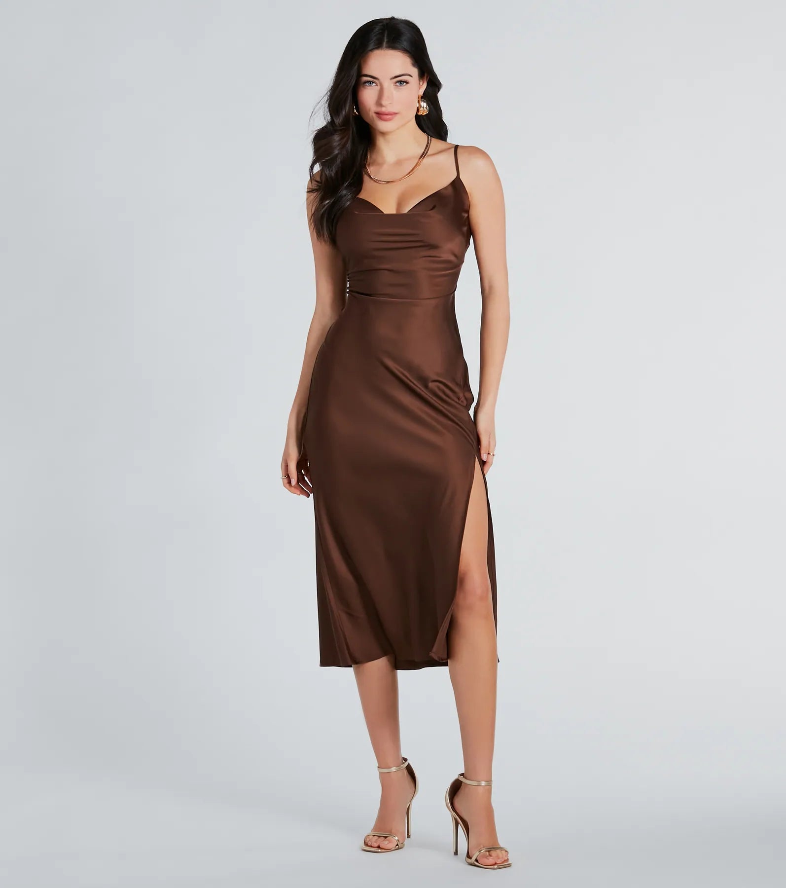 Fringed Dresses for Edgy -Classic Silky Satin High Slit Midi Dress