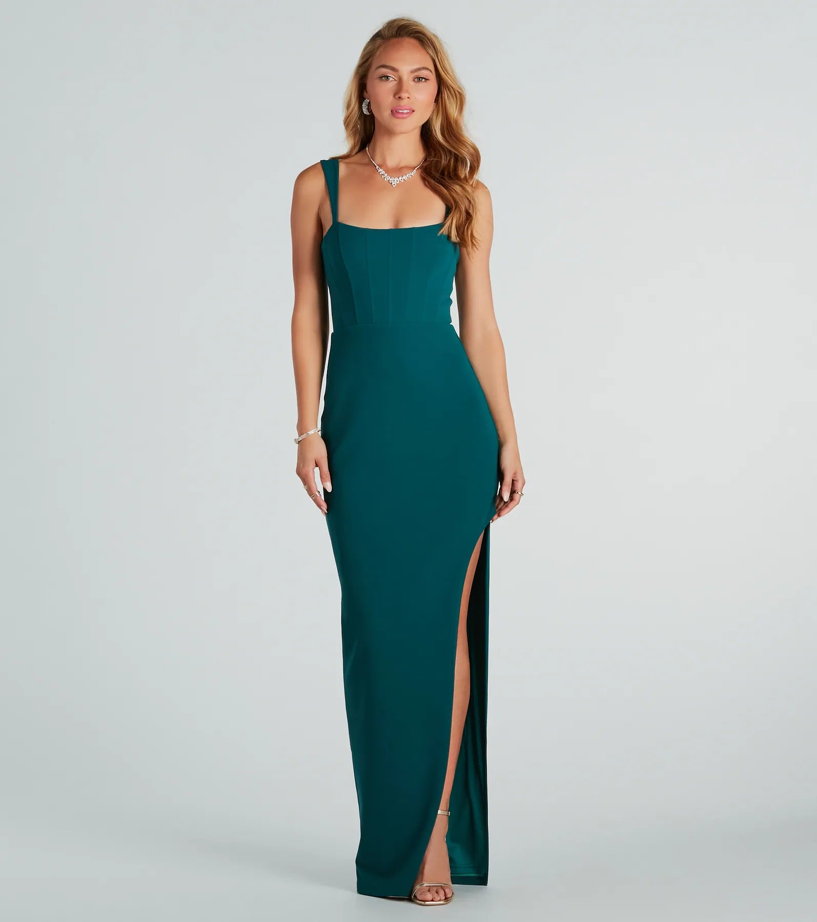 Party Dresses for Celebration -Diana Formal Crepe Corset Slit Long Dress