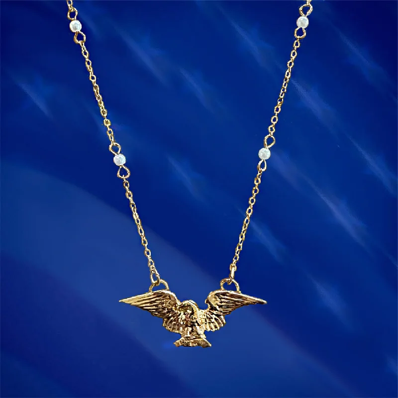 Necklaces and pendants with feather designs for a boho-chic, carefree vibe-Eagle on Gold and Pearl Chain Necklace