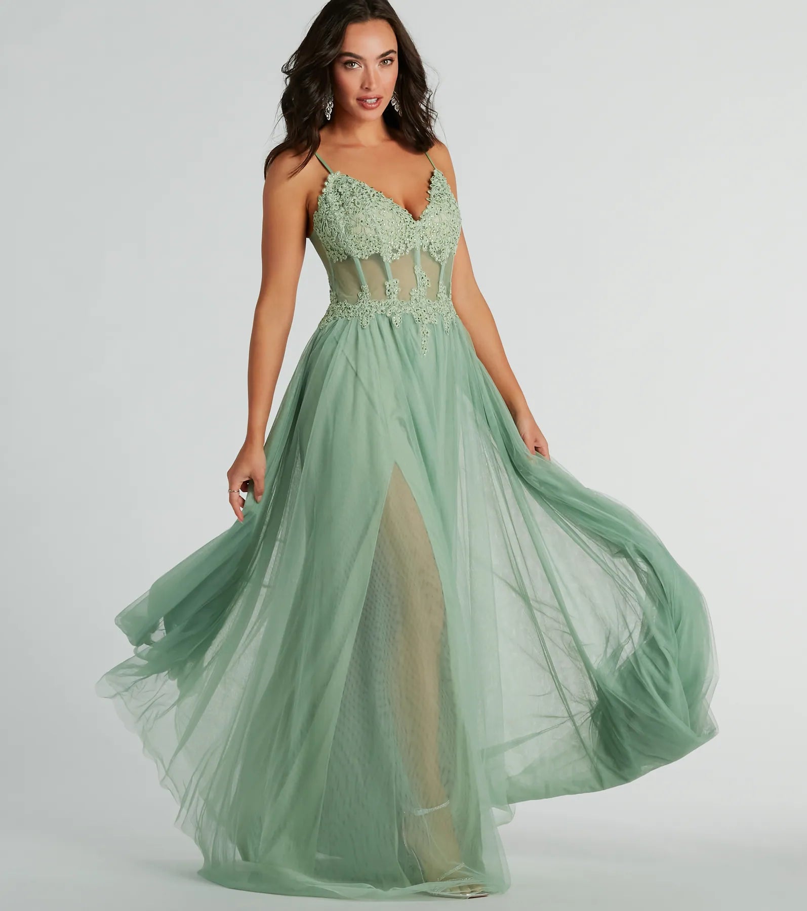 Strapless Dresses for Glamorous -Fatima V-Neck Embroidered A-Line Tulle Dress