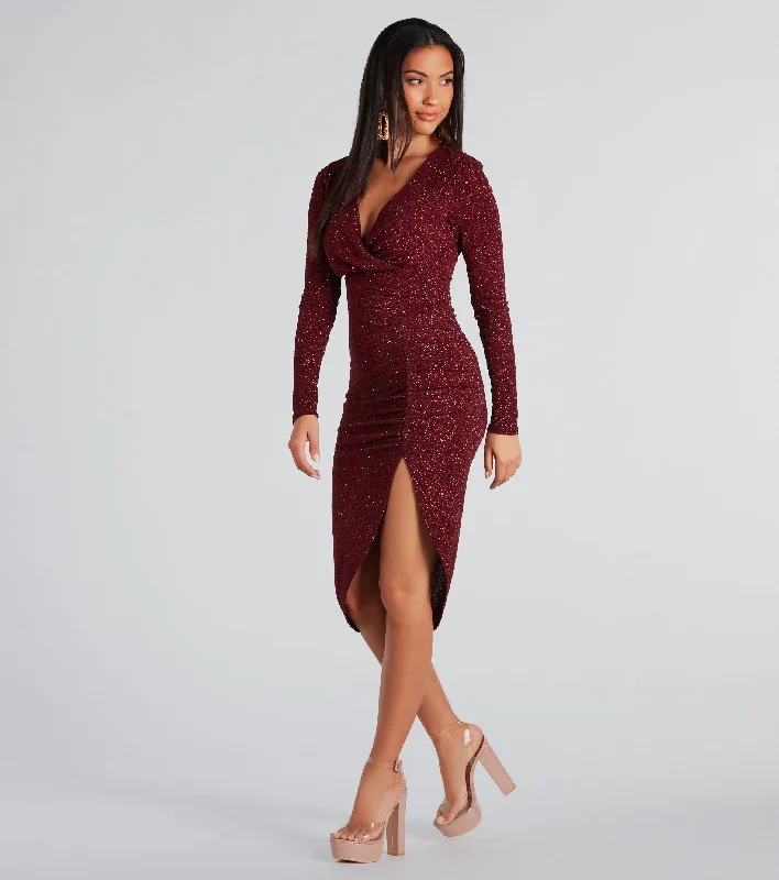 Solid Color Dresses for Simple -Glow Goals Glitter Long Sleeve Midi Dress