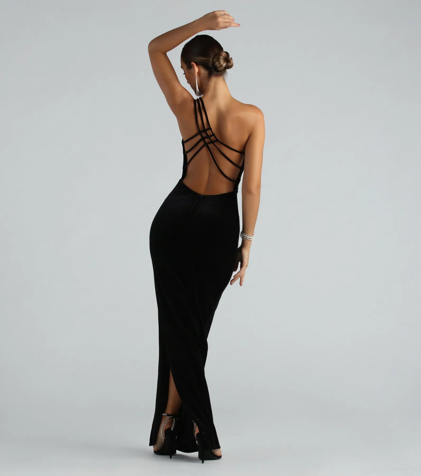 Embroidered Dresses for Detailed -Lilian Formal Glitter Velvet Strappy Back Long Dress