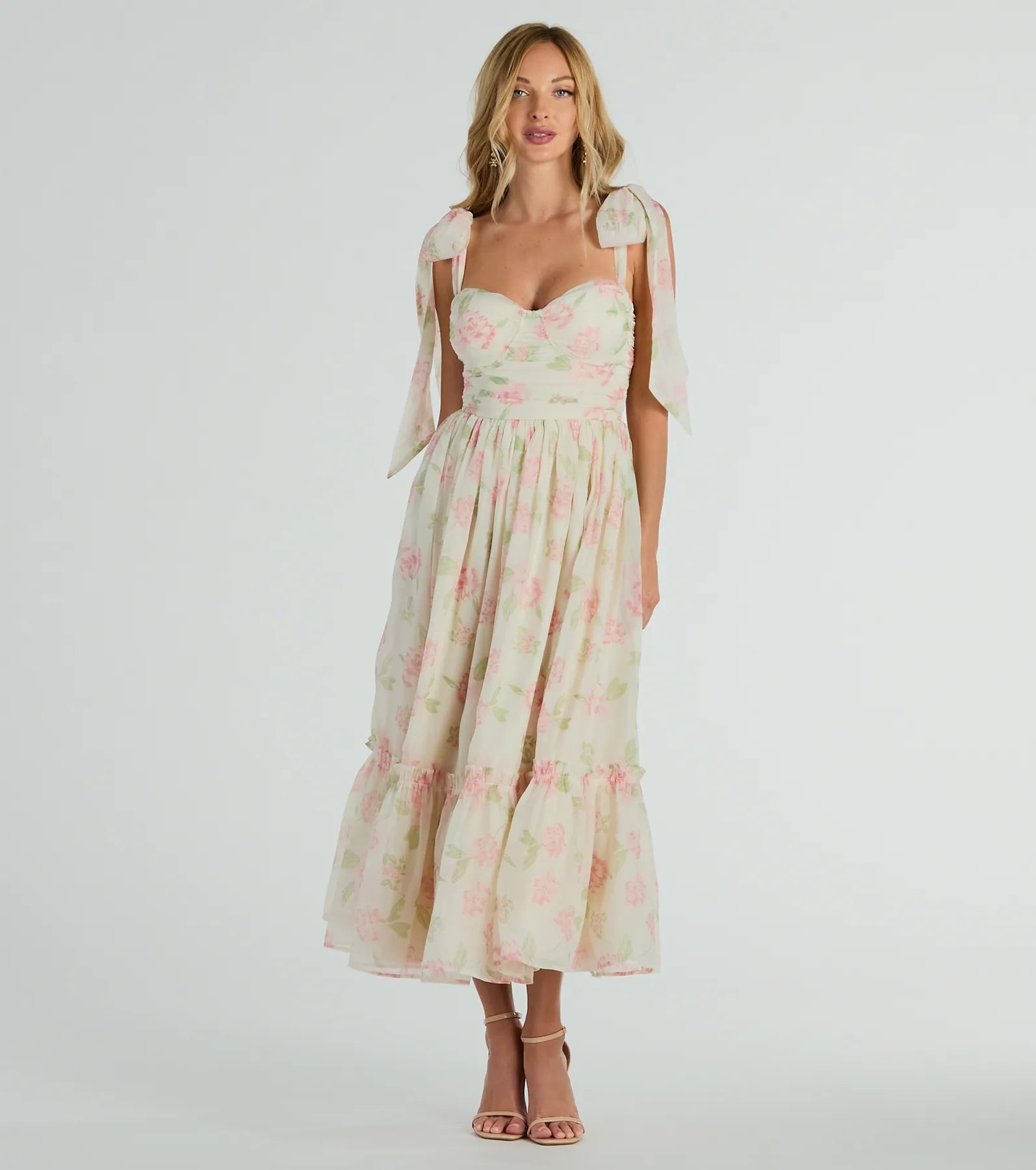 Christmas Dresses for Holiday -Gretchen Sweetheart Tie Floral Chiffon Midi Dress