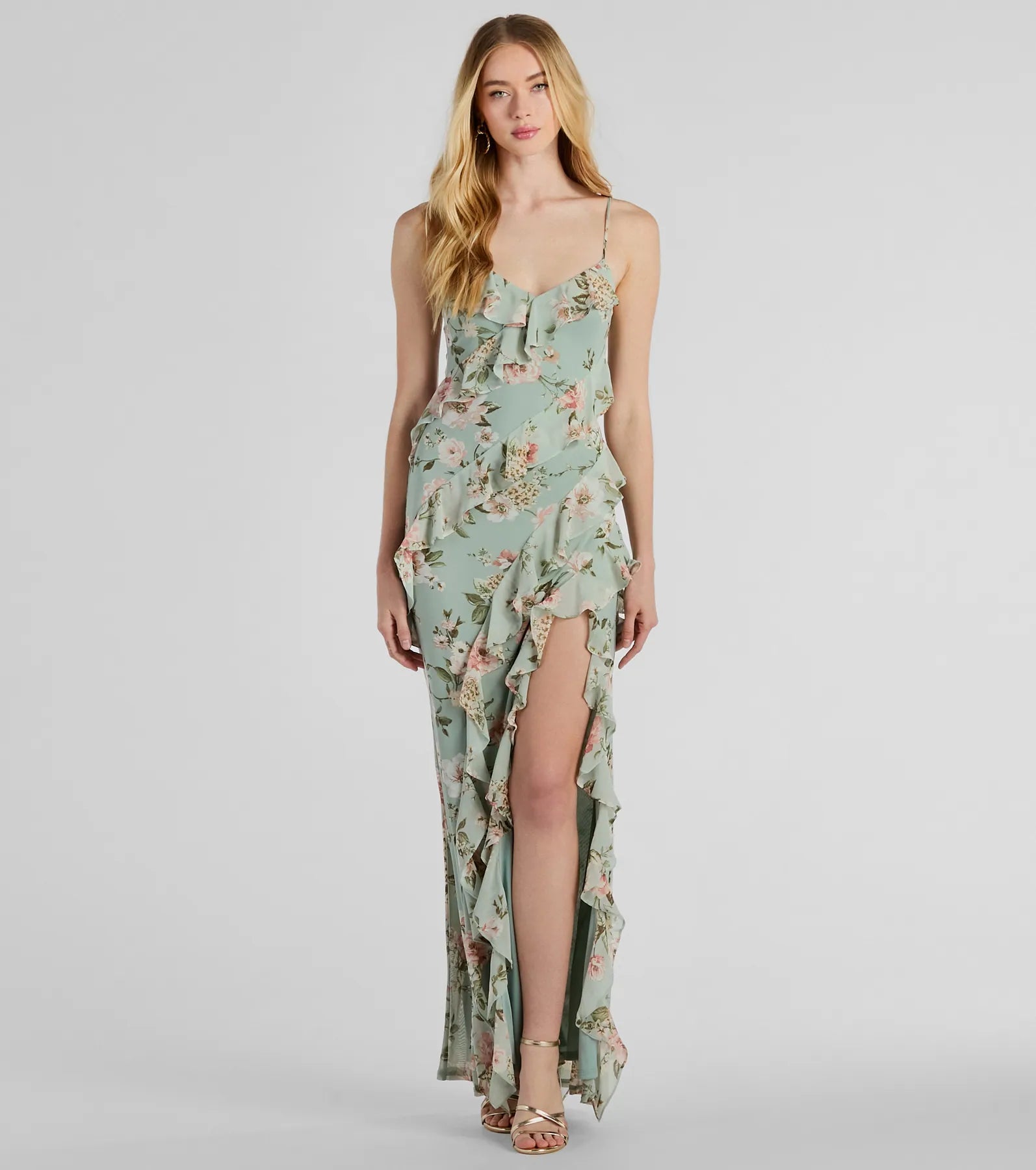 Belted Dresses for Shaping -Helga V-Neck Ruffled Mermaid Floral Formal Dress