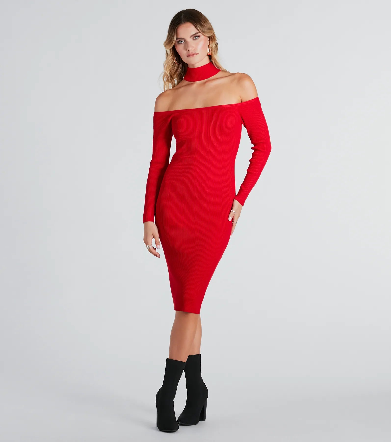 Zippered Dresses for Convenience -Highly Selective Choker Neck Sweater Midi Dress