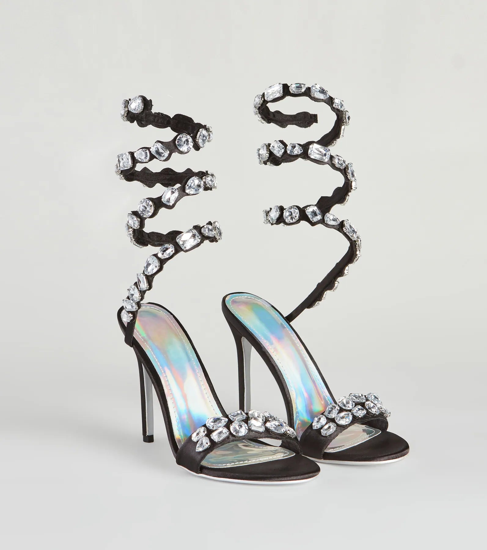 Trendy sandals for women with gladiator style and buckle details for flair-I Like Big Gems Spiral Stiletto Heels