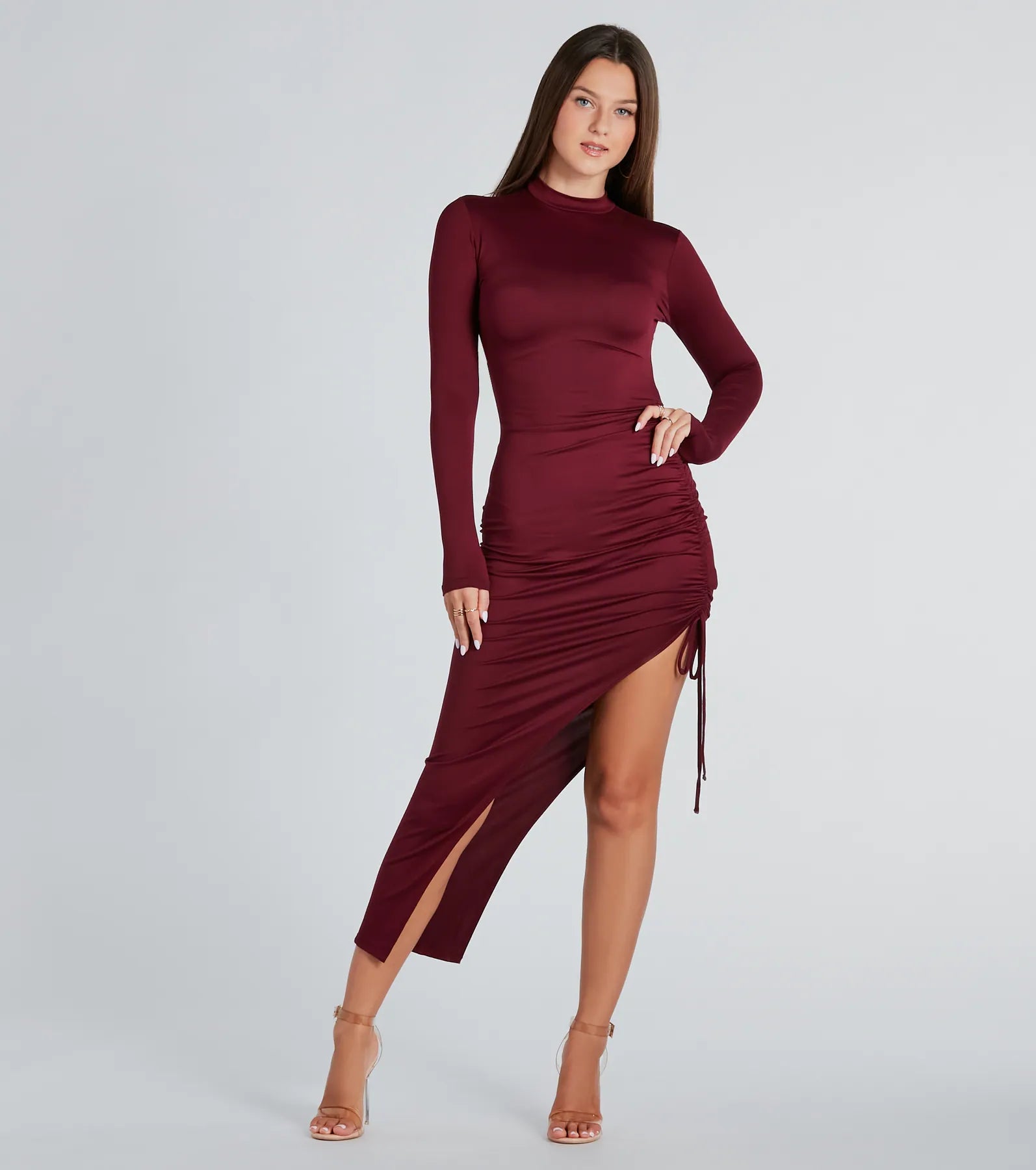 Flared Dresses for Retro -In The Lineup Mock Neck High Slit Midi Dress