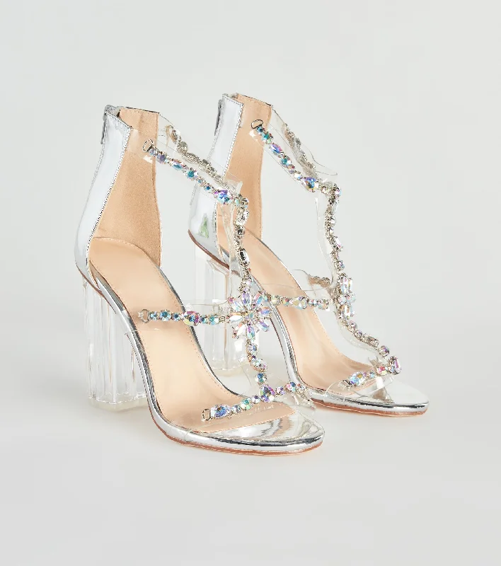 Fashionable sandals for women with ankle straps and chic metallic finishes-Iridescent Glow Gemstone Clear Block Heels