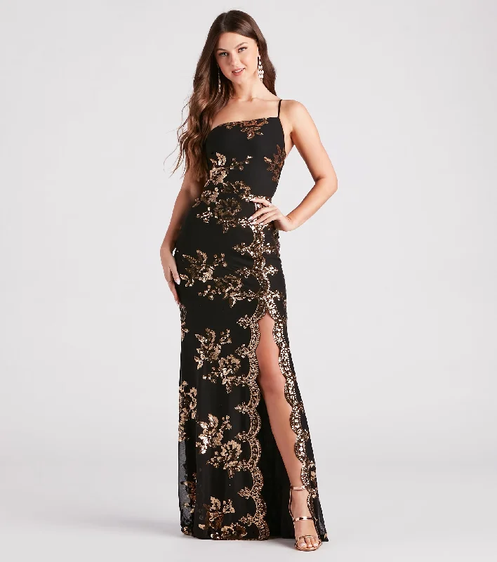 Sheath Dresses for Sophisticated -Kamryn Floral Sequin High Slit Formal Dress