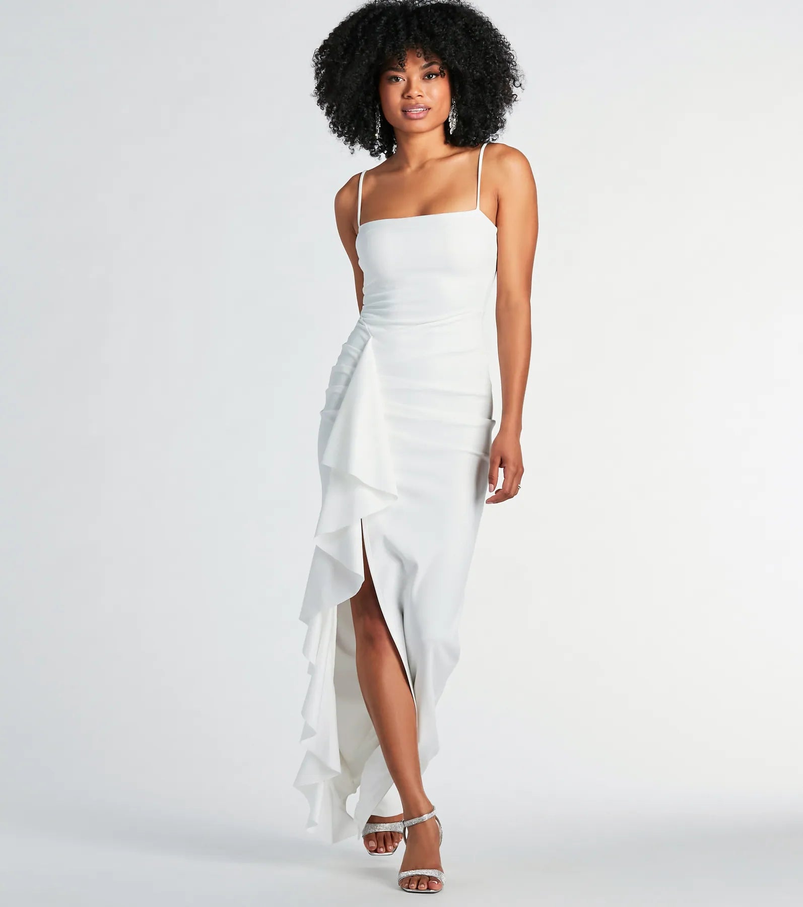 Resort Dresses for Vacation -Maggie Ruffled High Slit Crepe Formal Dress