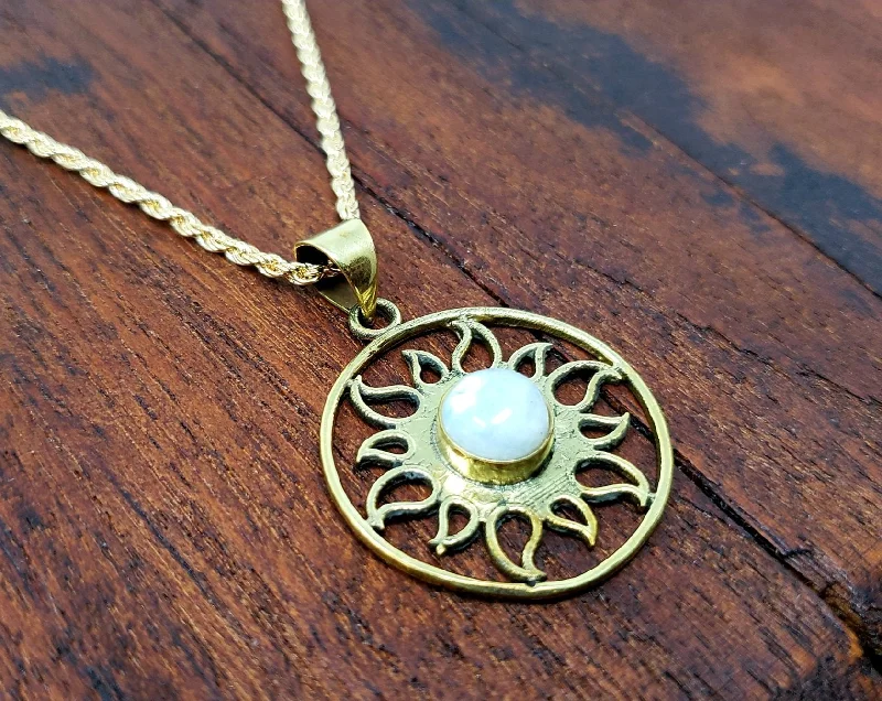 Layered necklaces and pendants for a trendy and fashionable stacked look-Moonstone Sacred Sun Necklace