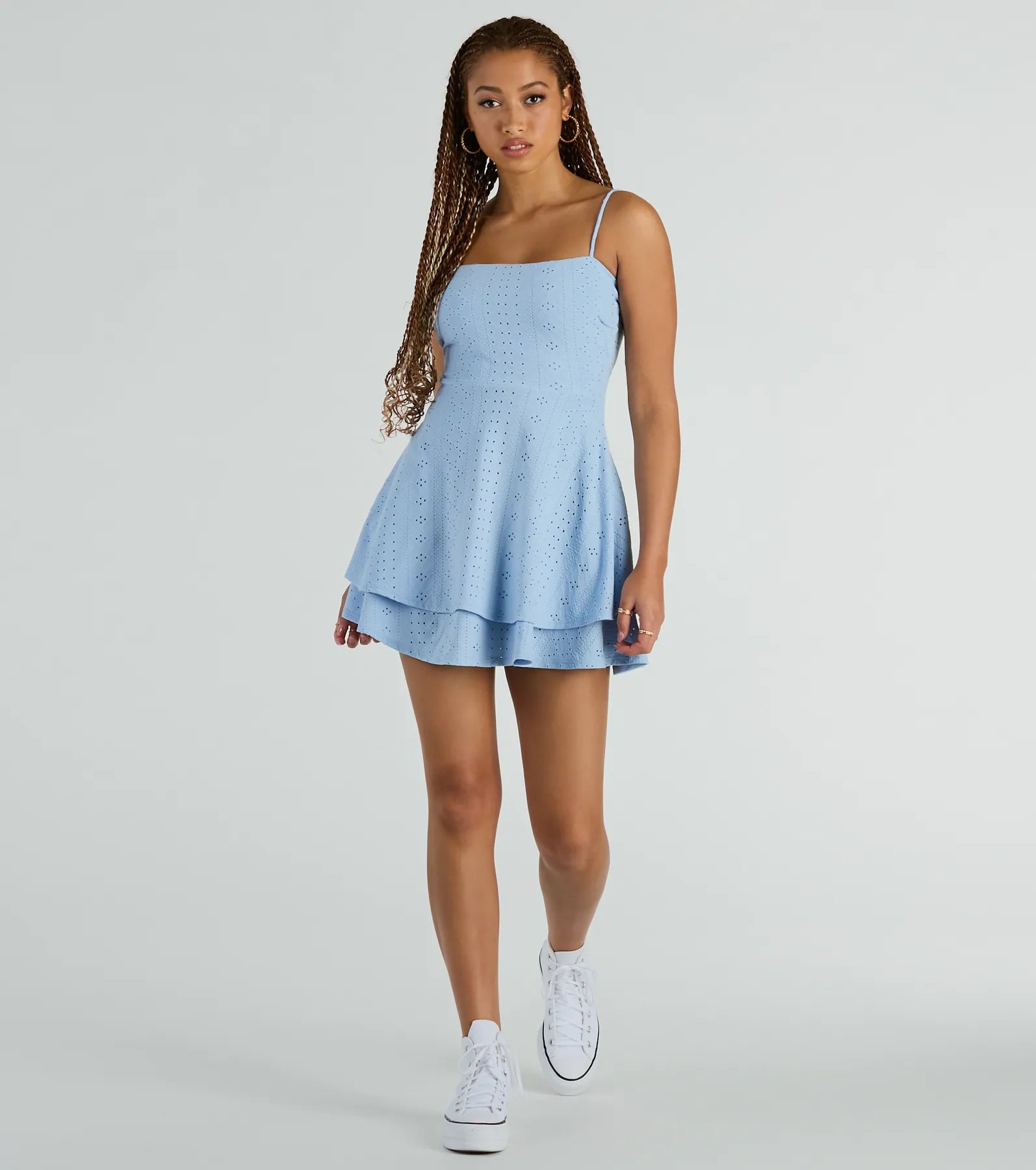 Low-waisted Dresses for Relaxed -Pretty Vibes Eyelet Knit Layered Skater Dress