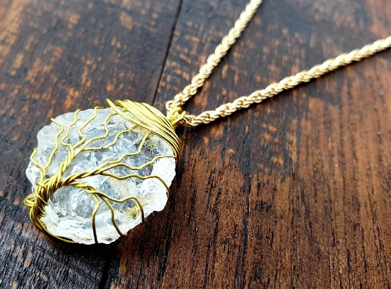 Stunning necklaces and pendants with chakra stones for healing and balance-Quartz Gold Tree of Life Necklace