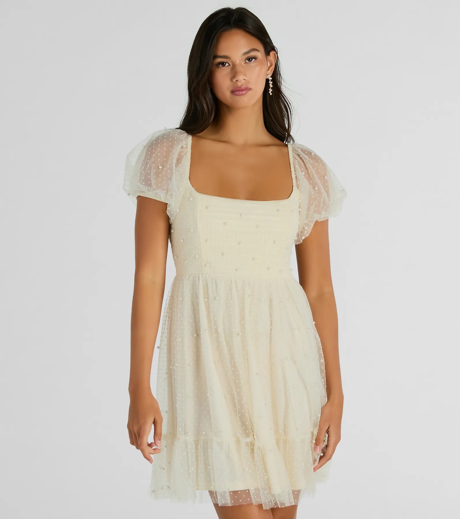 Zippered Dresses for Convenience -Raise A Toast Puff Sleeve Faux Pearl Babydoll Dress