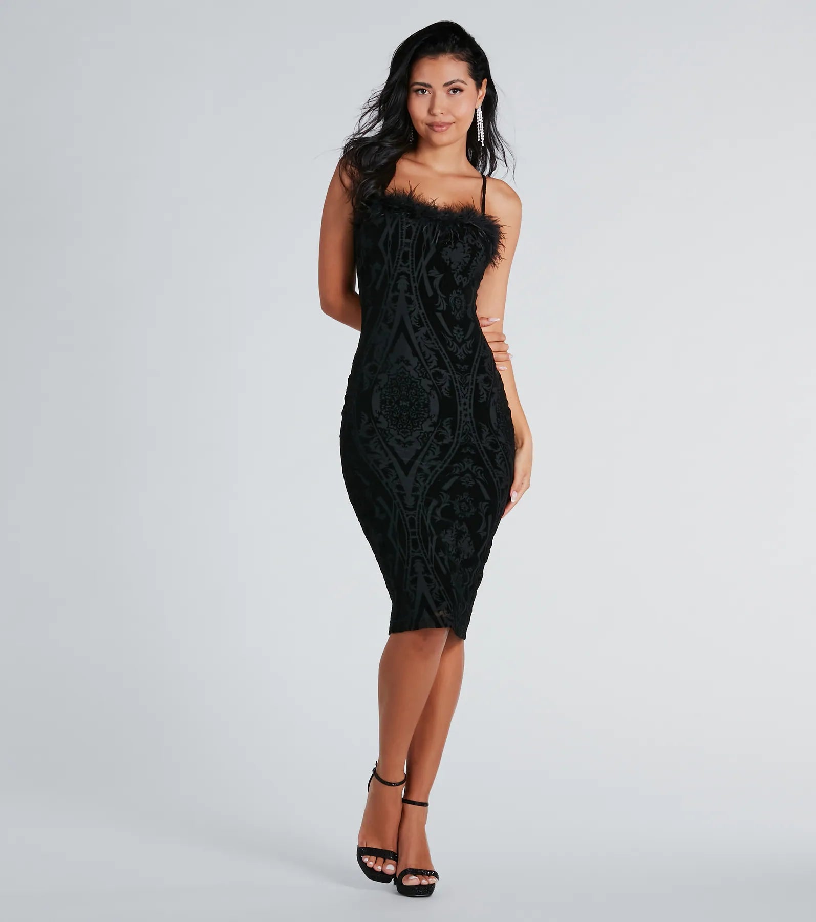 High-waisted Dresses for Flatter -Roselyn Velvet Flocked Mesh Formal Midi Dress