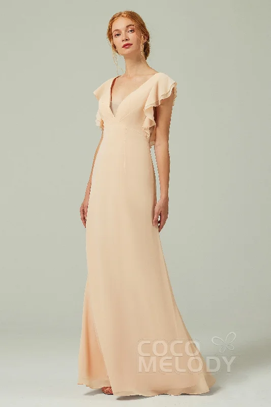 Fringed Dresses for Edgy -Sheath-Column Floor Length Chiffon Bridesmaid Dress CB0304