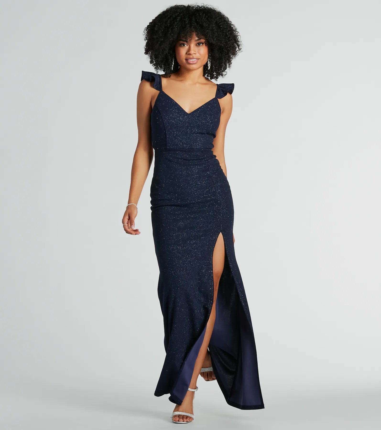 African Dresses with Culture -Tamera V-Neck Ruffle Mermaid Glitter Formal Dress