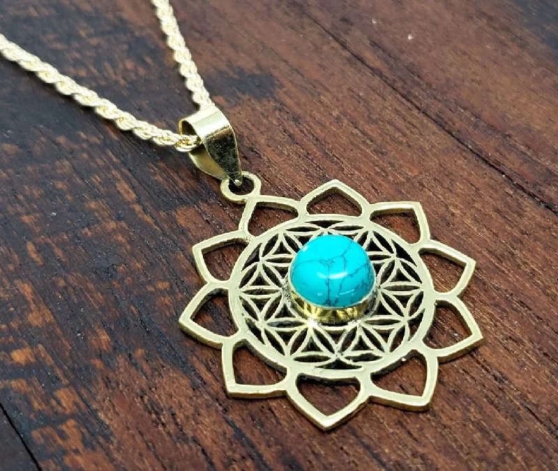 Necklaces and pendants with pearls for a classic and sophisticated touch-Turquoise Flower of Life Necklace