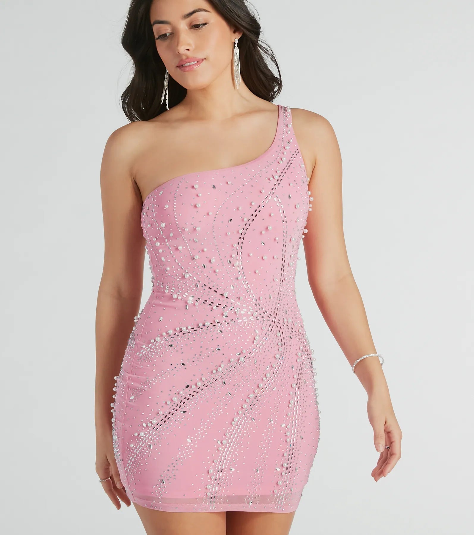 Party Dresses for Celebration -Undeniable Glow One-Shoulder Faux Pearl Mini Dress