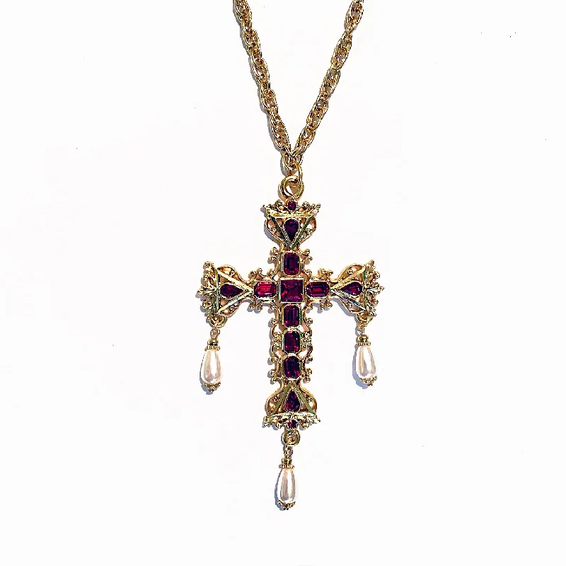 Necklaces and pendants with angel wing motifs for a spiritual, meaningful design-Venetian Cross Necklace with Crystals and faux Pearls